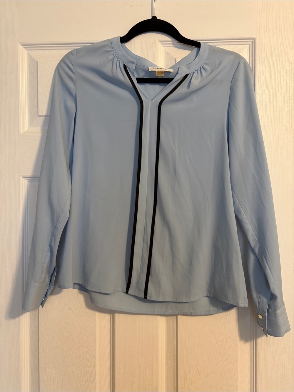 Calvin Klein Light Blue Long Sleeve Blouse with Black Trim